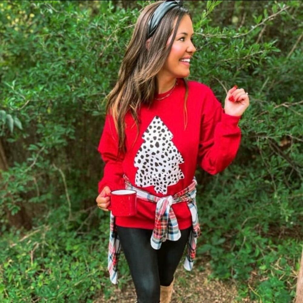 NEW Gildan‎ Red Dalmatian Christmas Tree Sweatshirt Small • Festive Holiday Cozy